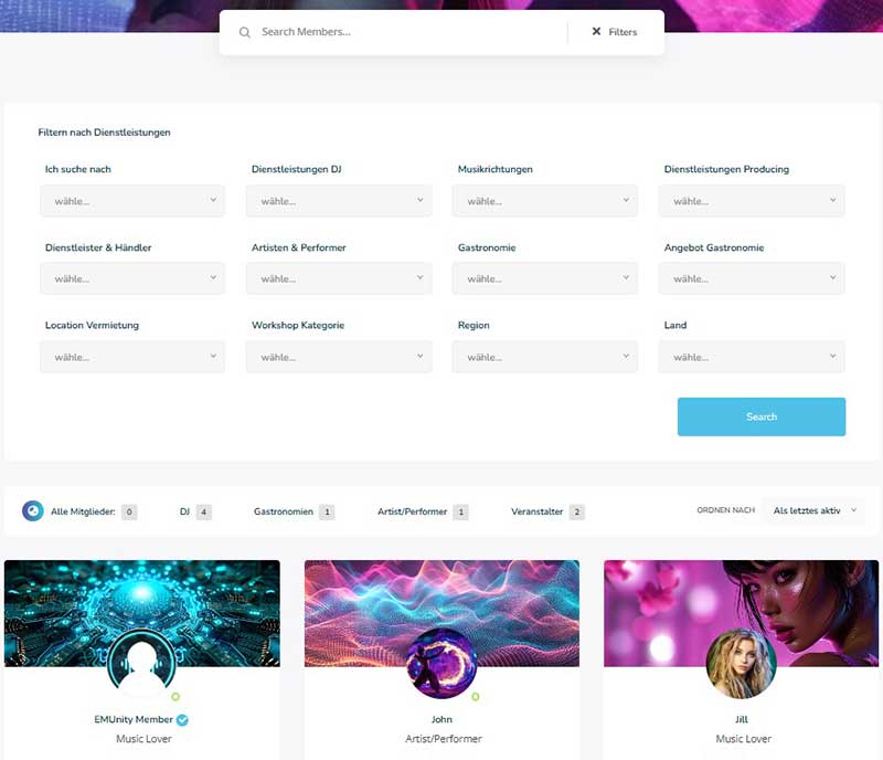Mitgliedersuche mit Filtern